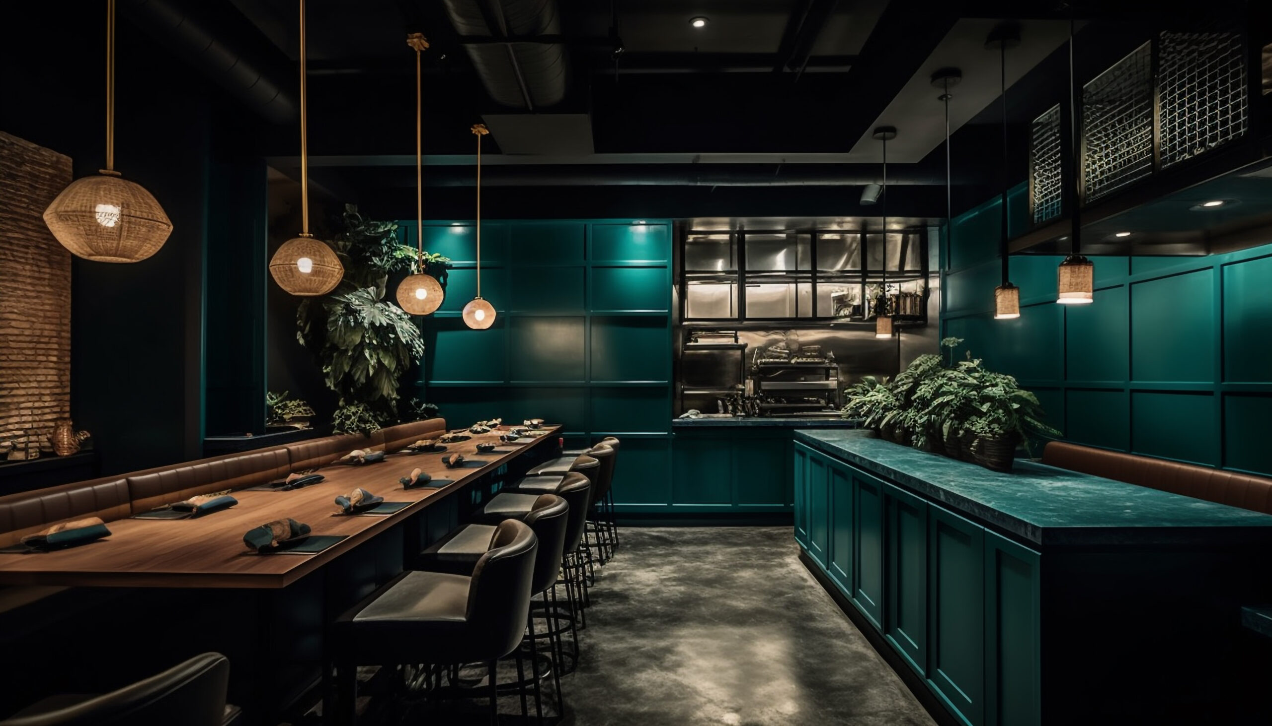 restaurant with green wall wooden table with row tables planter with plant background scaled